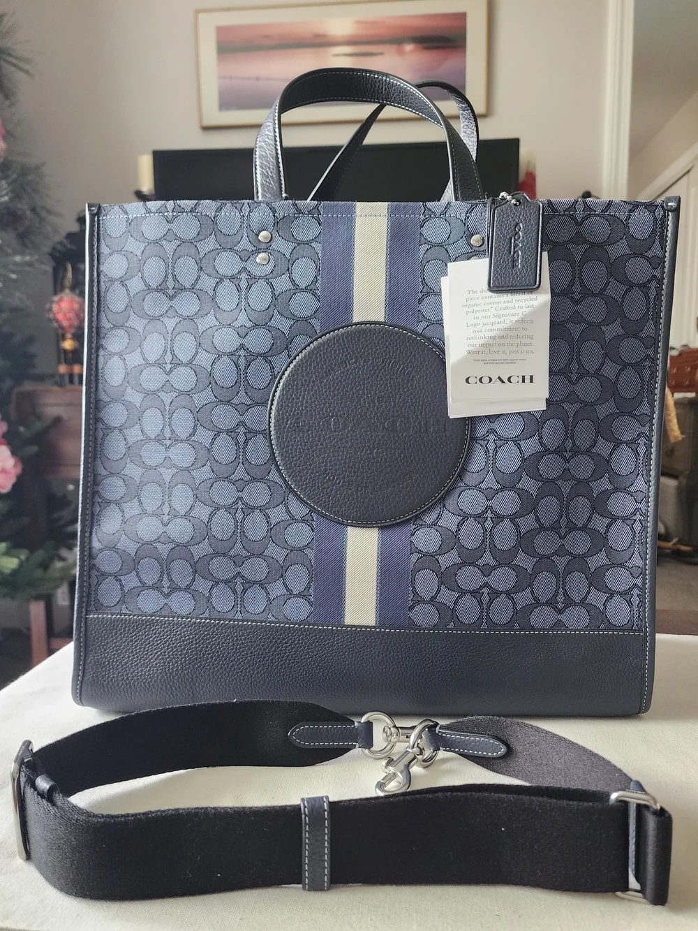 NWT Coach Dempsey Tote 40 In Navy Signature Denim with Stripe and Leather Trim